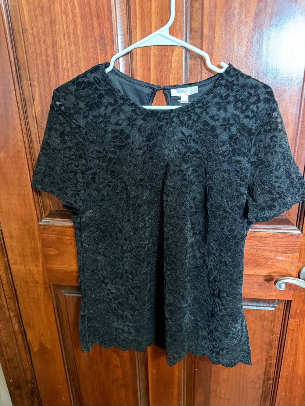 Black Lace Short Sleeve Blouse with Keyhole Back